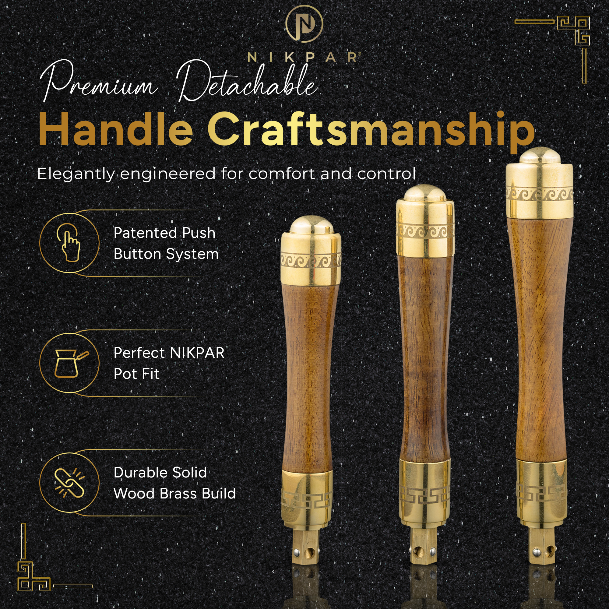 DETACHABLE HANDLE FOR NIKPAR GREEK COFFEE POTS Wooden handles with brass accents on a black background, featuring Nikpar branding.