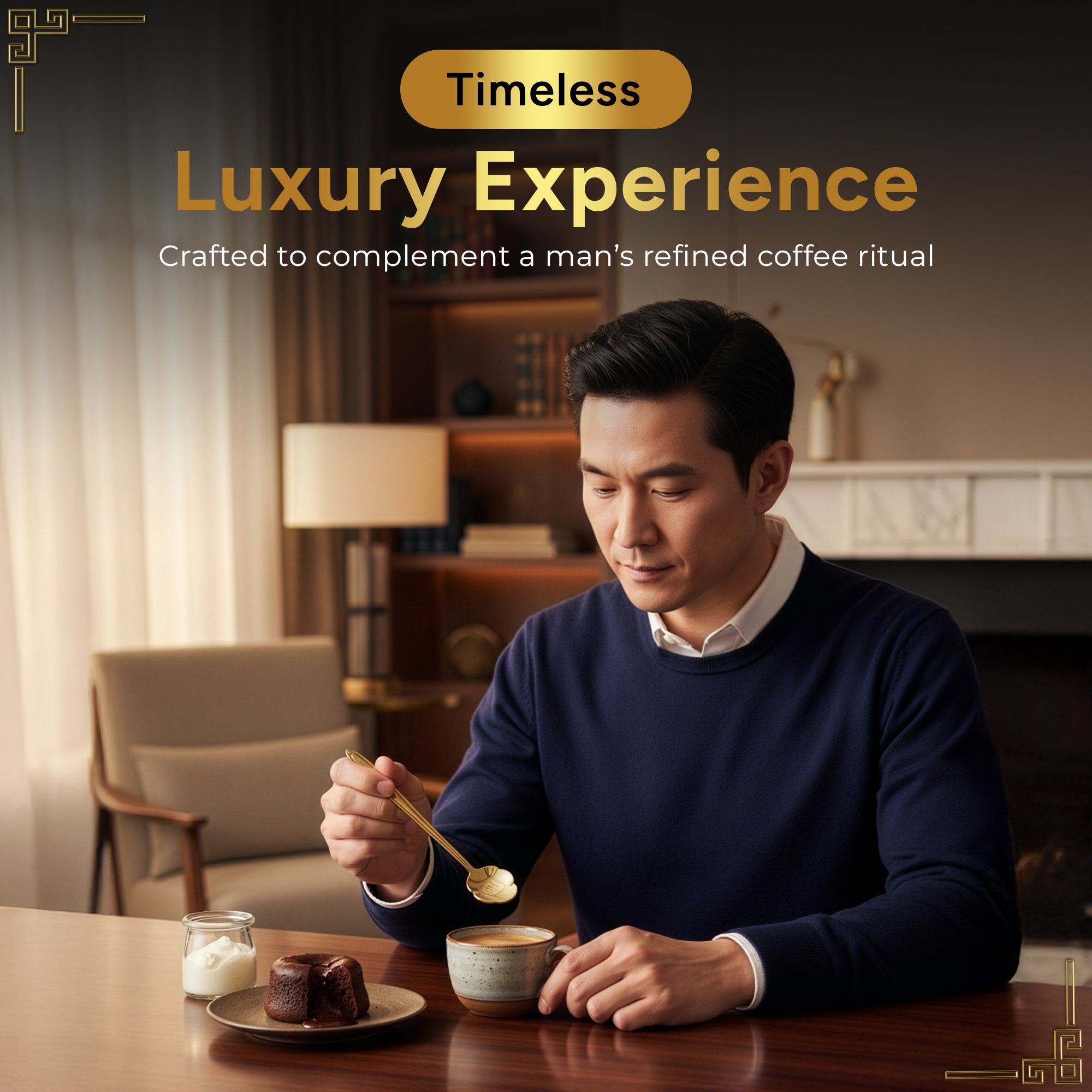NIKPAR Luxury coffee spoon. Man enjoying a cup of coffee with a 'Timeless Luxury Experience' text overlay.