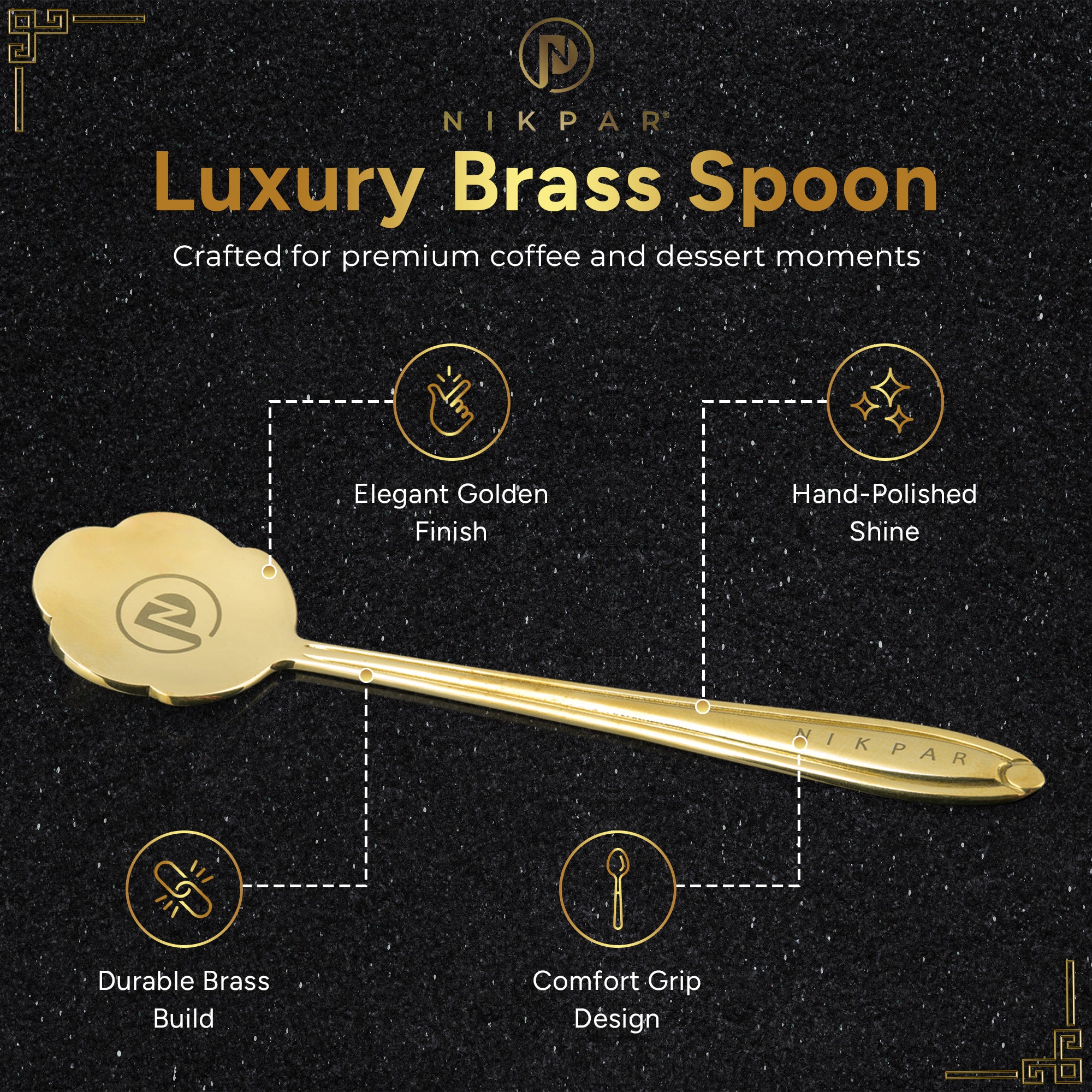 Gold spoon with Nikpar branding on a black background with feature text.