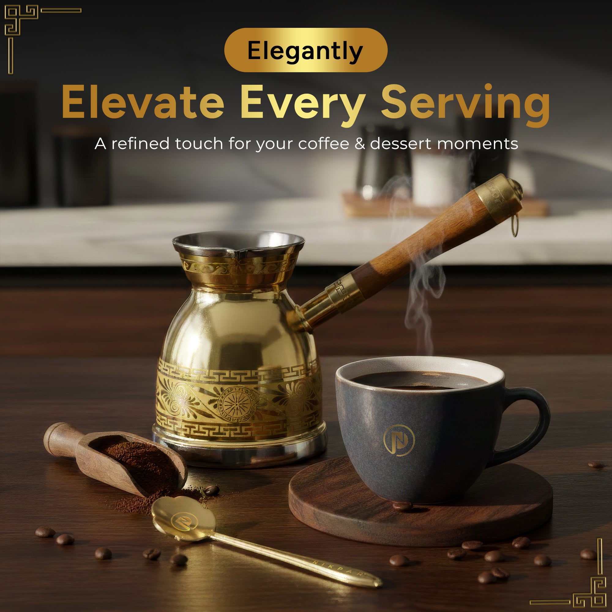 NIKPAR Luxury Dessert Coffee Brass Spoon. Gold coffee press and cup on a wooden surface with coffee beans and a spoon, text 'Elegantly Elevate Every Serving' above.