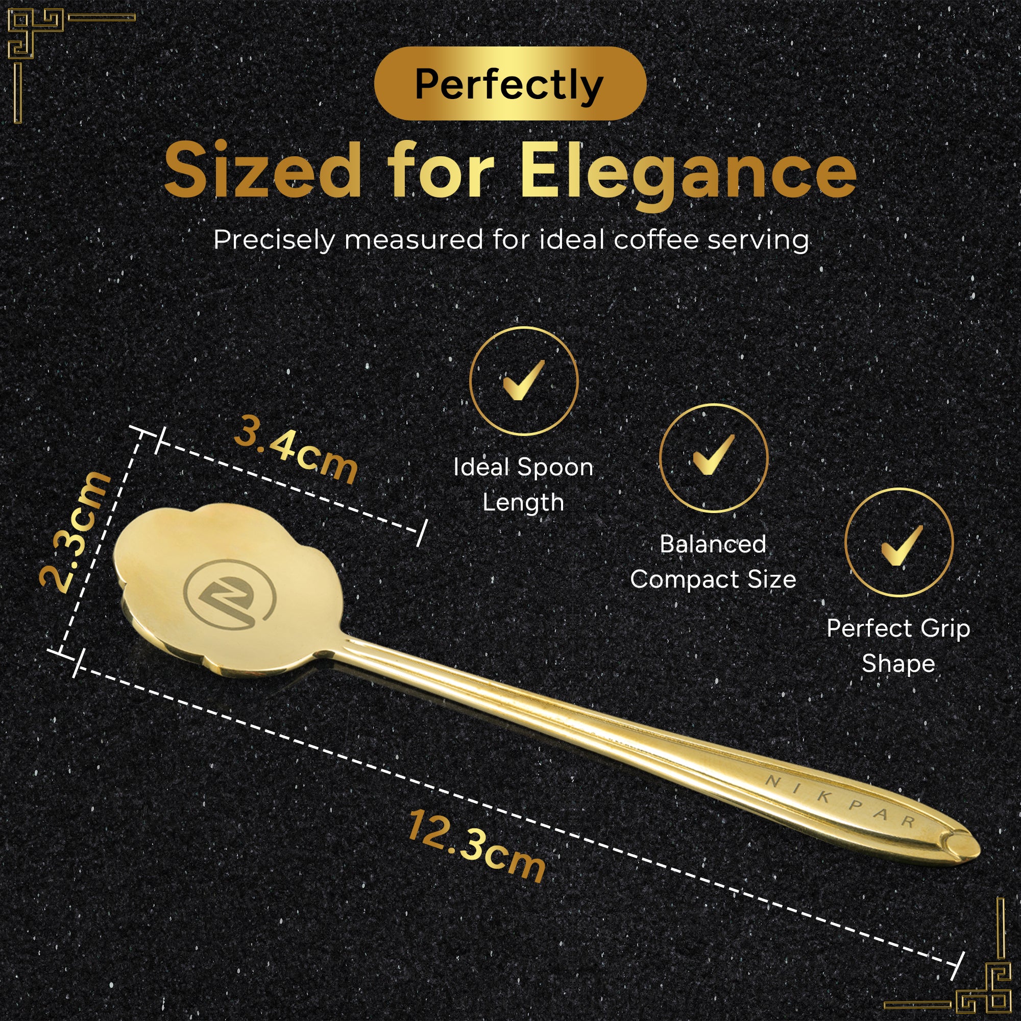 NIKPAR Gold spoon with measurements and text on a black background