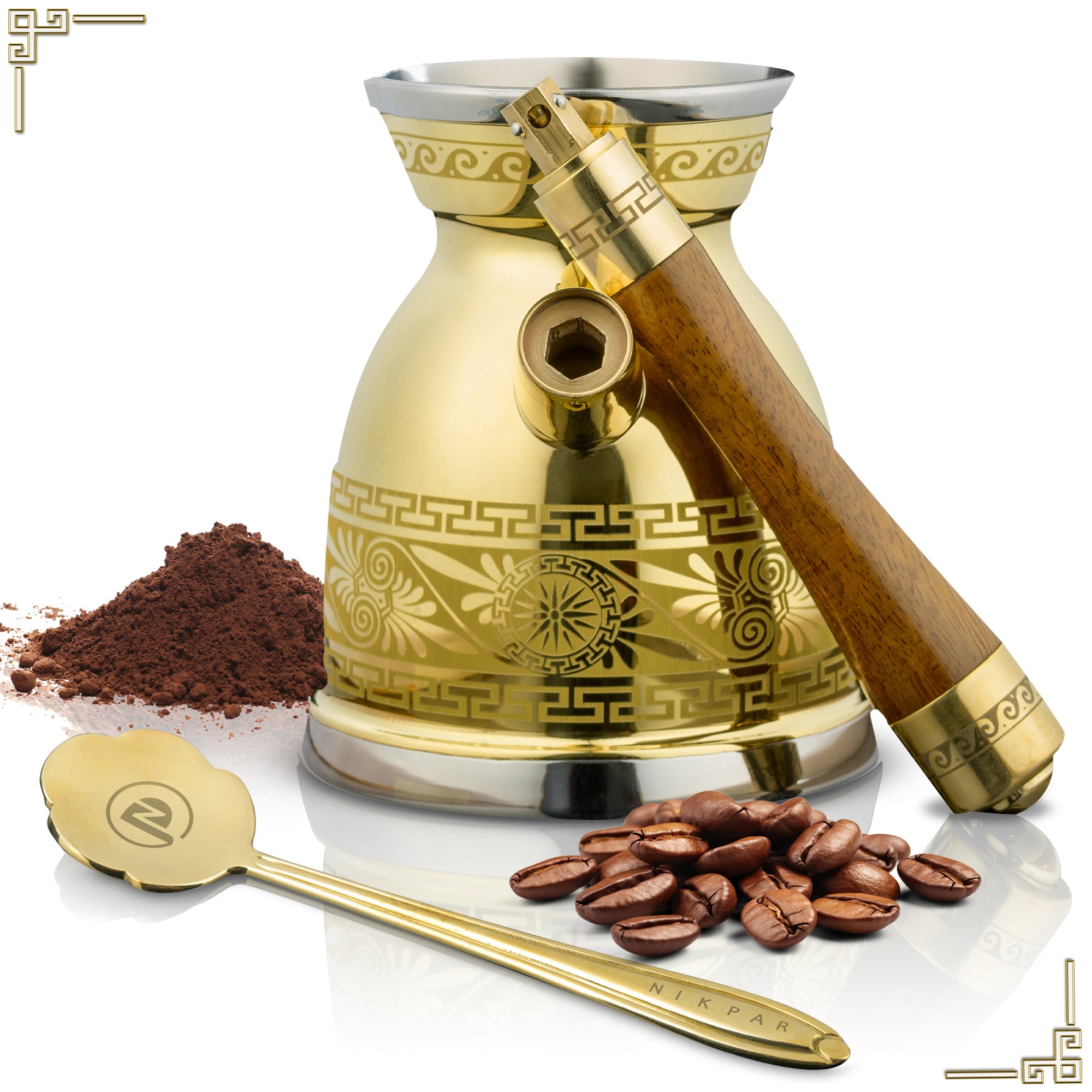 NIKPAR Luxury Dessert Coffee Brass Spoon, coffee beans, and coffee powder on a white background
